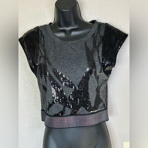 Miss Me Black and Gray Sequin Embellished Crop Top Party Club Event BOHO Sz M